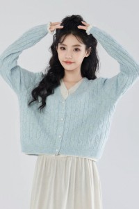 Blue fake two-piece V-neck knitted cardigan womens 2025 spring and autumn new design sense twist sweater jacket short