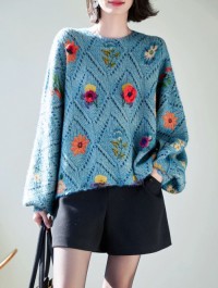 Printing and dyeing three-dimensional flowers, plus-size womens spring, autumn and winter, new long-sleeved round neck