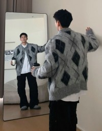 Simple casual knitted cardigan, brushed thickened, collegiate quilted sweater jacket for men and women