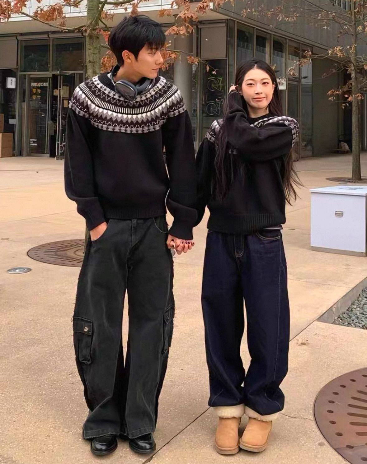 Jacquard knitted sweater, crewneck sweatshirt, couple