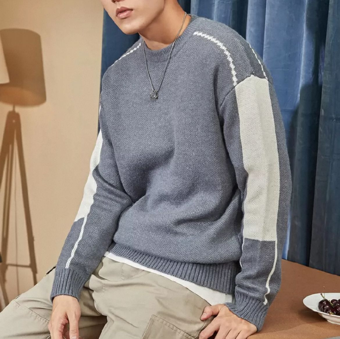 Mens patterned crewneck sweater, slim fit, warm and fashionable, customizable