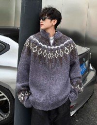 American street zip-up cardigan sweater mens autumn and winter fashion brand retro lazy loose knit jacket