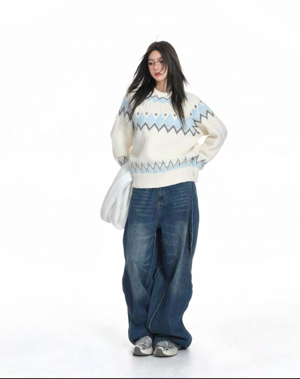 White retro pullover sweater womens autumn and winter lazy soft glutinous oversize knit thicker top