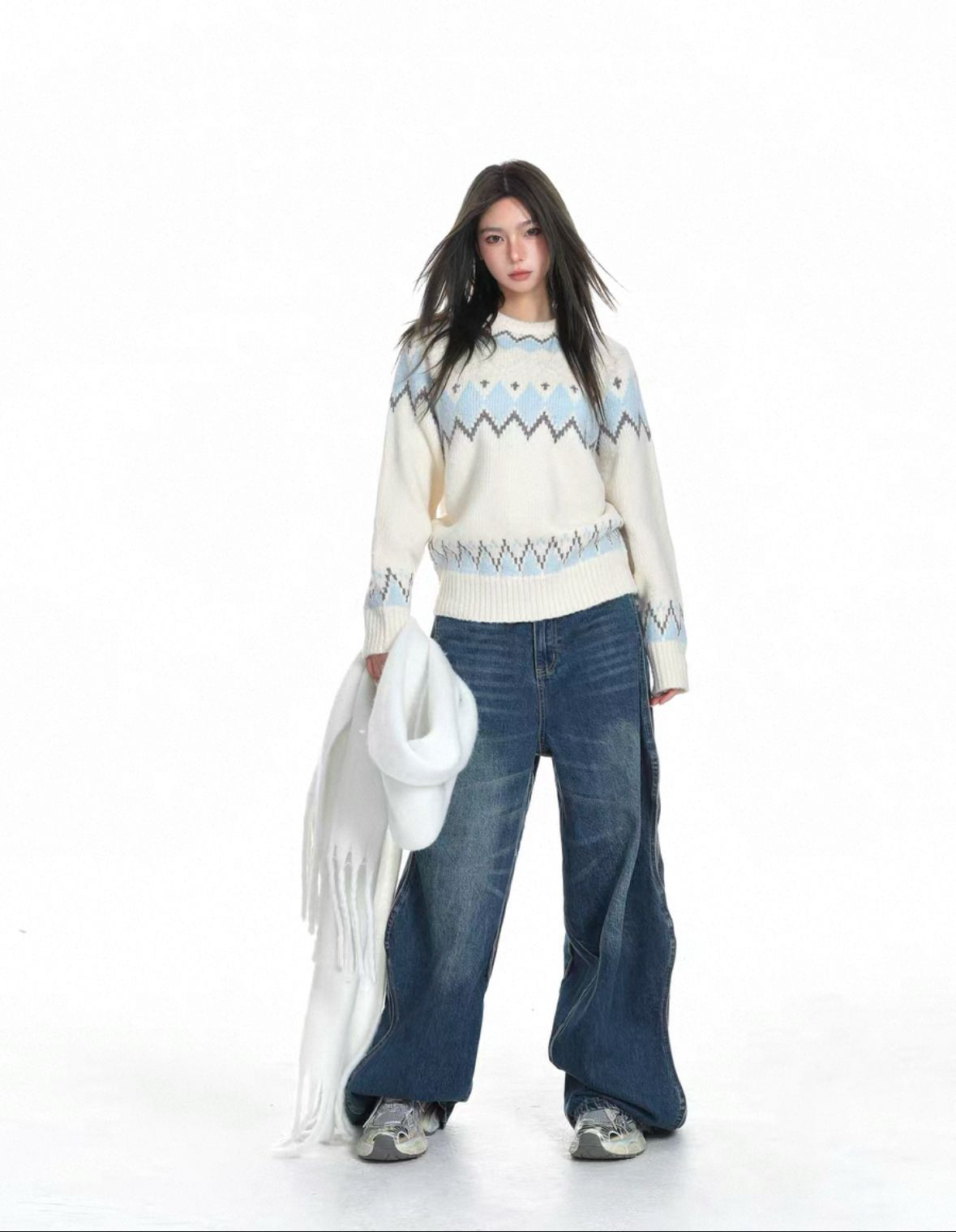 White retro pullover sweater womens autumn and winter lazy soft glutinous oversize knit thicker top