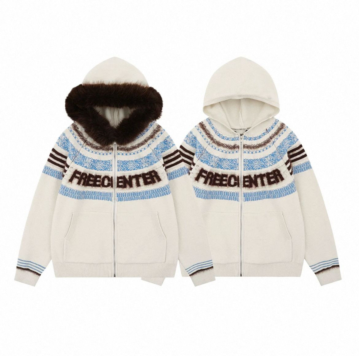 New Years limited sweaters mens and womens fur collar hooded retro knitted cardigan jackets