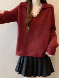 High-end light luxury red lapel sweater womens 2025 spring new plus size fat mm raglan sleeve shoulder knit