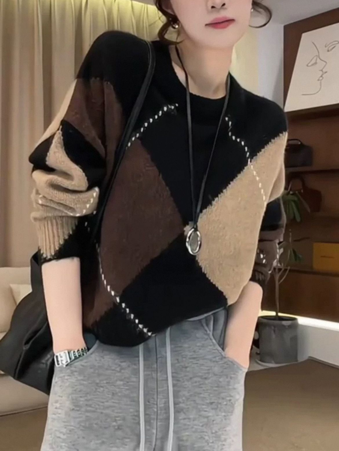 retro rhombic long sleeve sweater womens spring plus size premium crew neck knit top