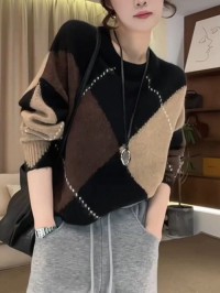 retro rhombic long sleeve sweater womens spring plus size premium crew neck knit top