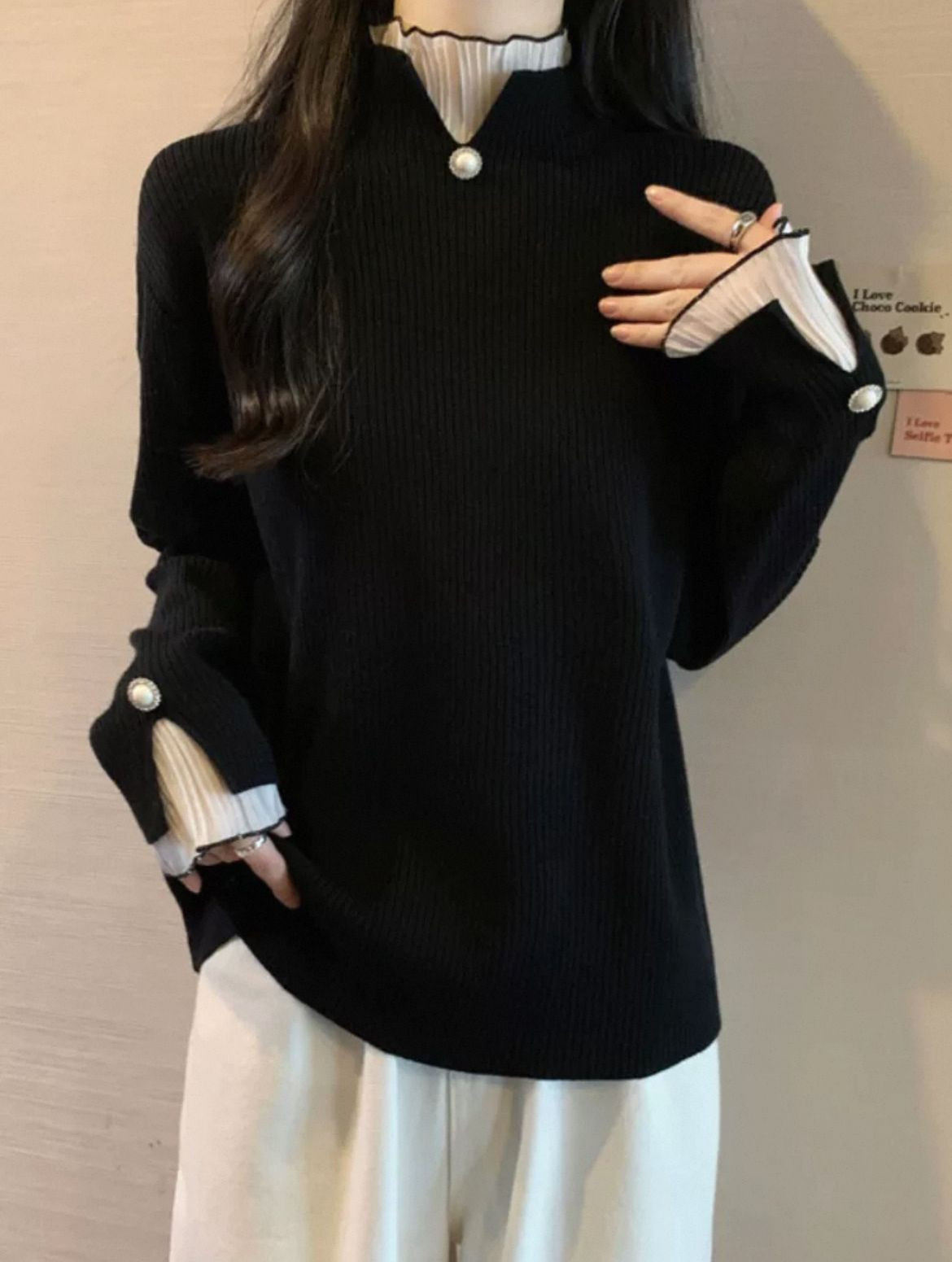 Sense of luxury black semi-turtleneck knit sweater womens spring dress plus size fat mm base shirt fake two french top