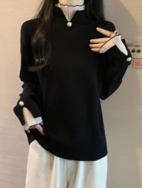 Sense of luxury black semi-turtleneck knit sweater womens spring dress plus size fat mm base shirt fake two french top