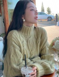 Lazy style high neck thickened cable knit sweater womens new winter design sense loose thin warm short top