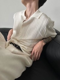 American retro cut-out square neck short-sleeved knit sweater chic loose slouchy lace shirt