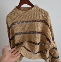 Striped crewneck sweaters, loose and casual womens clothing for autumn and winter, knitted tops