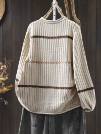 Spring and autumn new fashion versatile retro loose crew neck yarn-dyed knitted pullover women