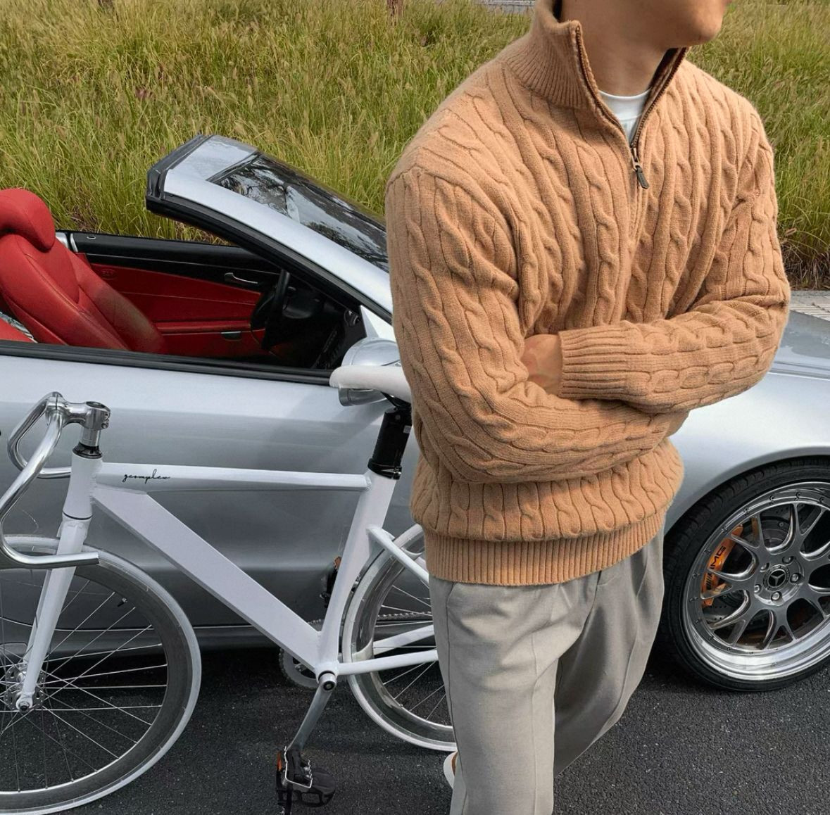 Half-neck zip-up sweater, mens high-end lazy pullover, long-sleeved knitwear, fashionable and versatile jacket