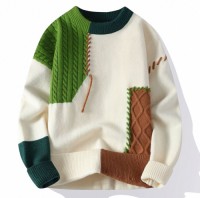Color-blocked crewneck sweater, mens autumn and winter, loose trendy brand warm knitwear, youth lazy casual base layer