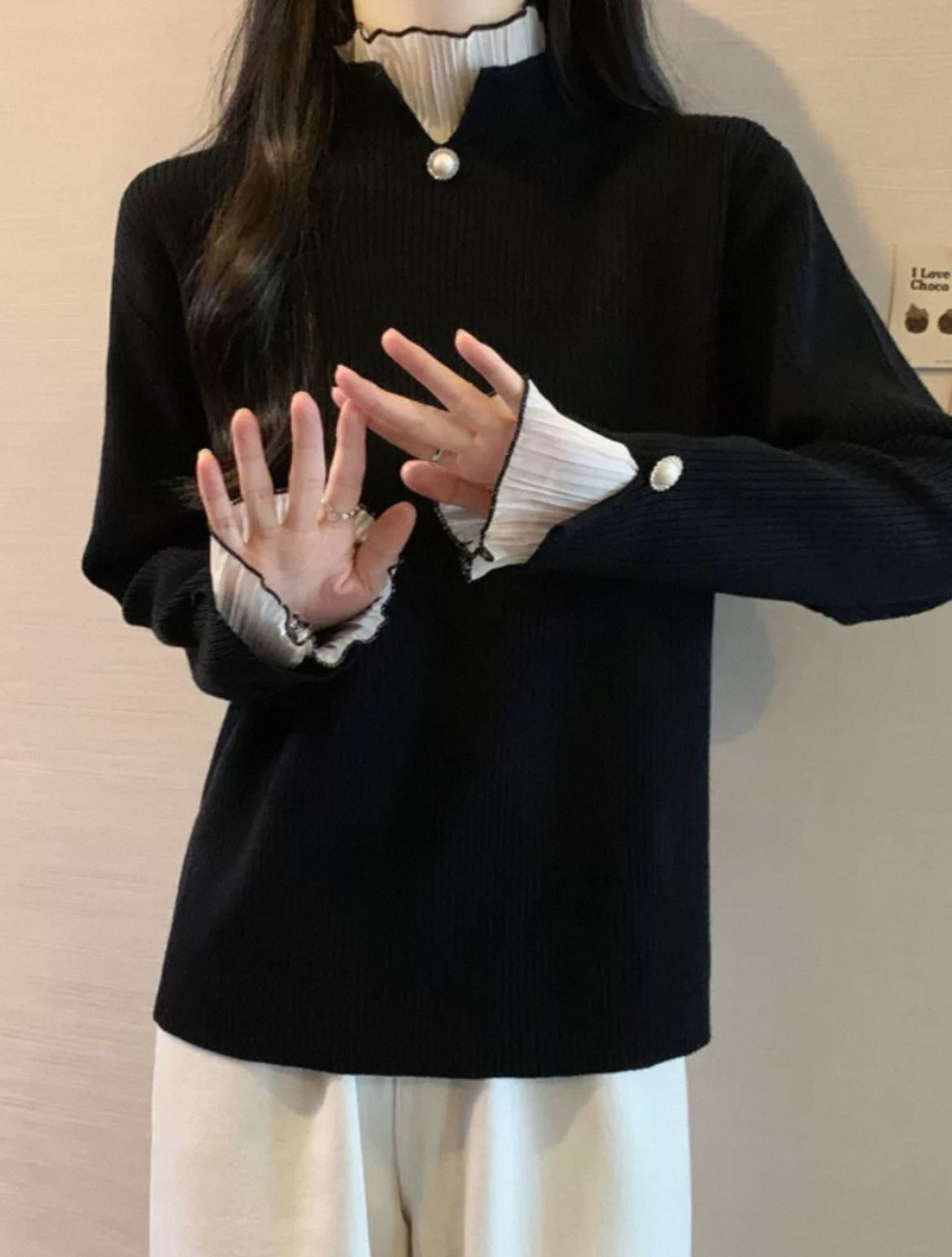 Sense of luxury black semi-turtleneck knit sweater womens spring dress plus size fat mm base shirt fake two french top