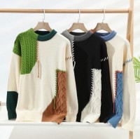 Color-blocked crewneck sweater, mens autumn and winter, loose trendy brand warm knitwear, youth lazy casual base layer