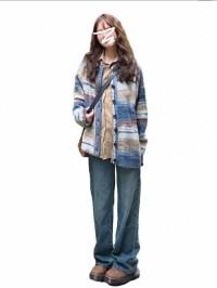 Korean version of the contrasting striped cardigan sweater jacket womens autumn and winter new design sense niche loos