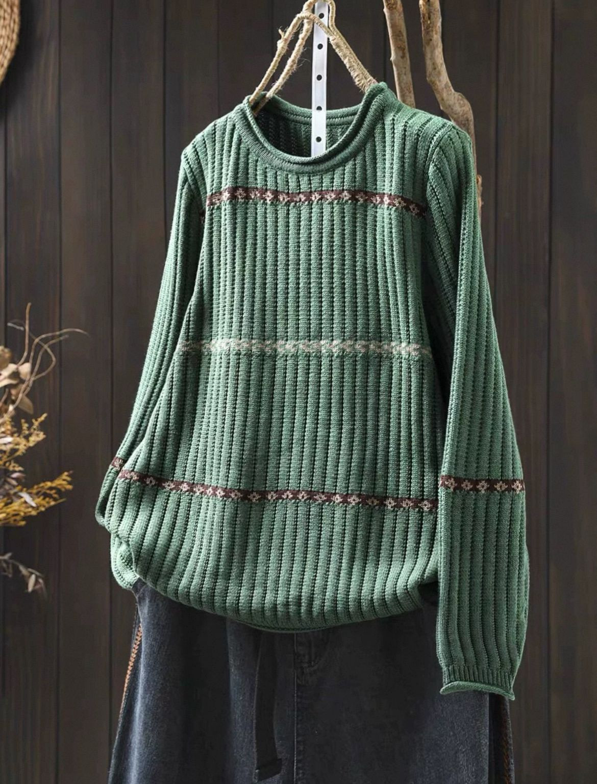 Spring and autumn new fashion versatile retro loose crew neck yarn-dyed knitted pullover women