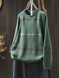 Spring and autumn new fashion versatile retro loose crew neck yarn-dyed knitted pullover women