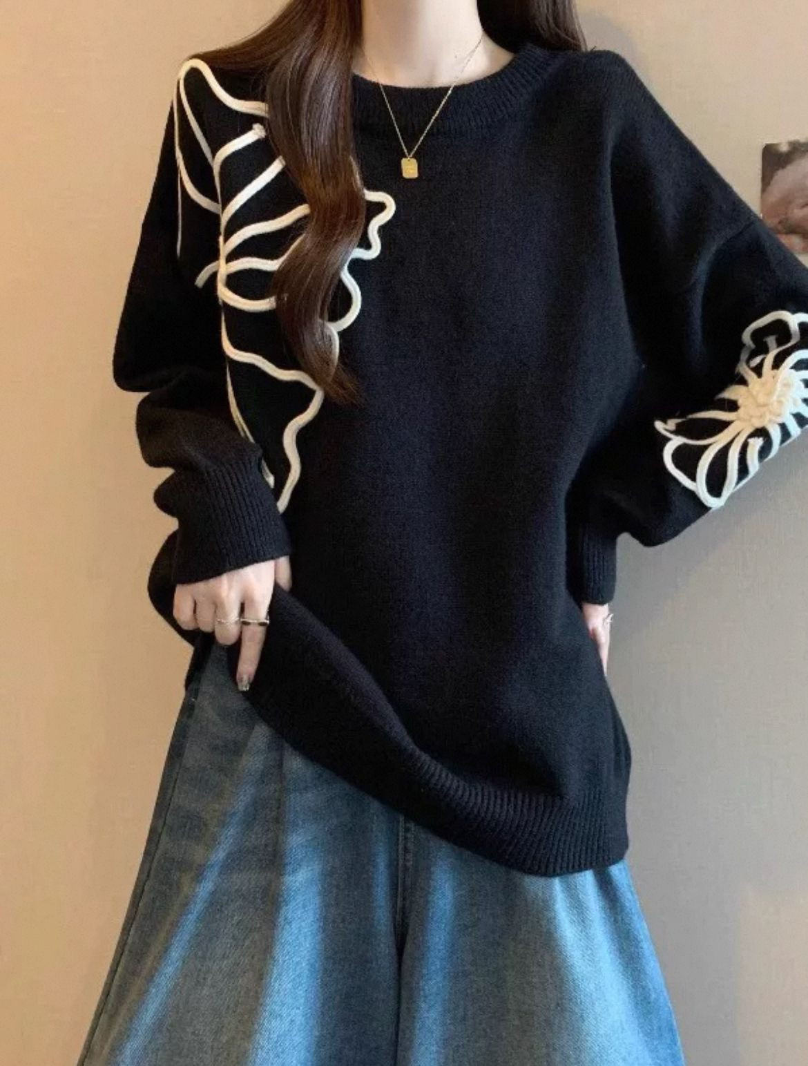 Autumn new designer catwalk, new loose pullover long sleeve sweatshirt, big design, big floral top