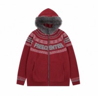 New Years limited sweaters mens and womens fur collar hooded retro knitted cardigan jackets