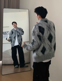 Simple casual knitted cardigan, brushed thickened, collegiate quilted sweater jacket for men and women