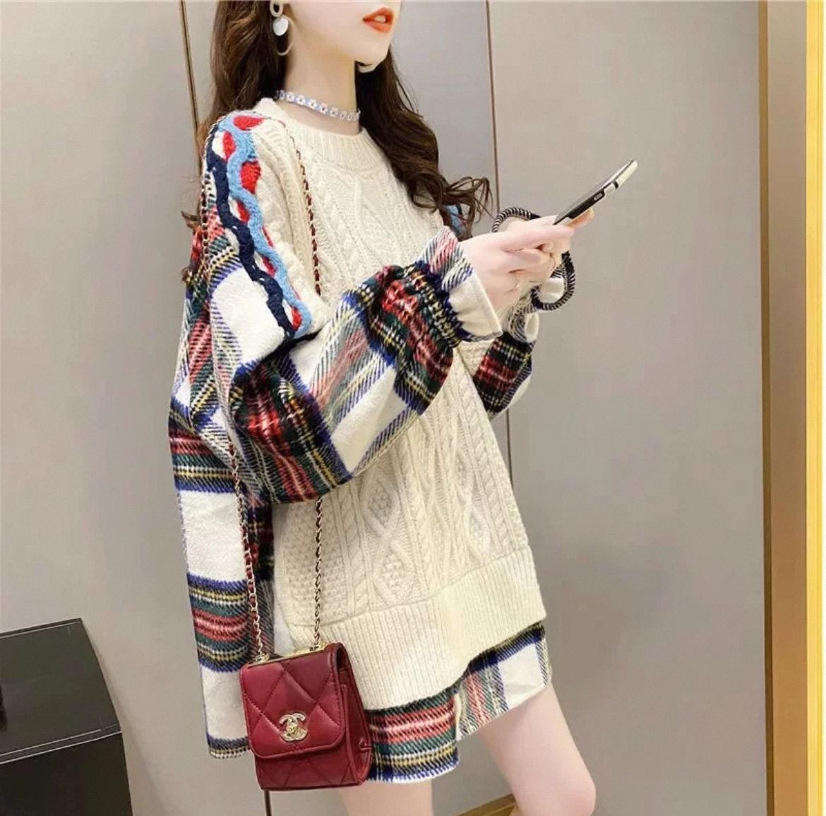 Lazy style stitched sweater womens spring and winter 2025 new Internet celebrity Korean version loose and versatile pl