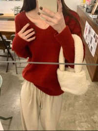 Korean warm and soft glutinous loose base top, womens autumn temperament, V-neck, inner thin basic knitted sweater