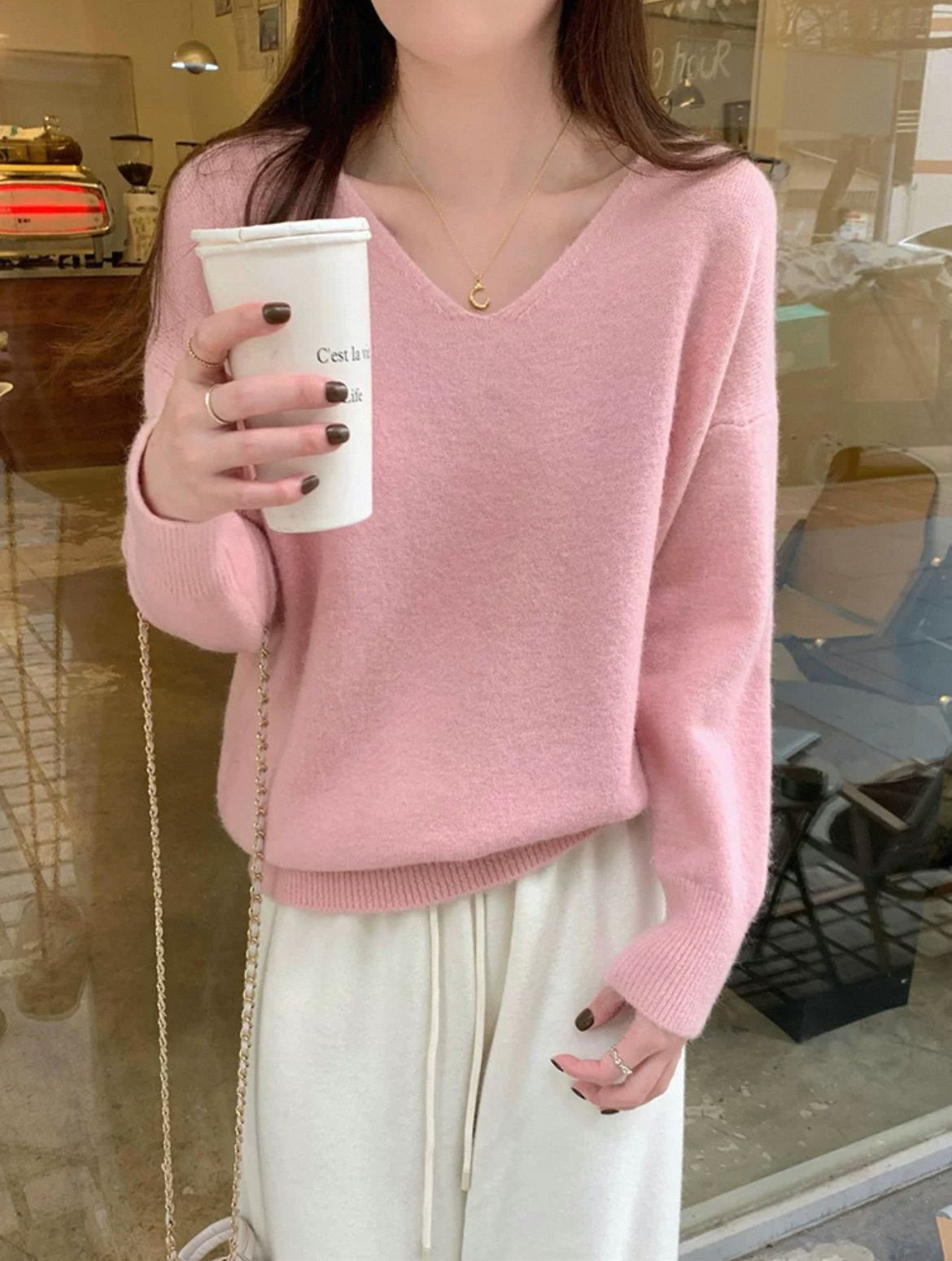 Korean warm and soft glutinous loose base top, womens autumn temperament, V-neck, inner thin basic knitted sweater
