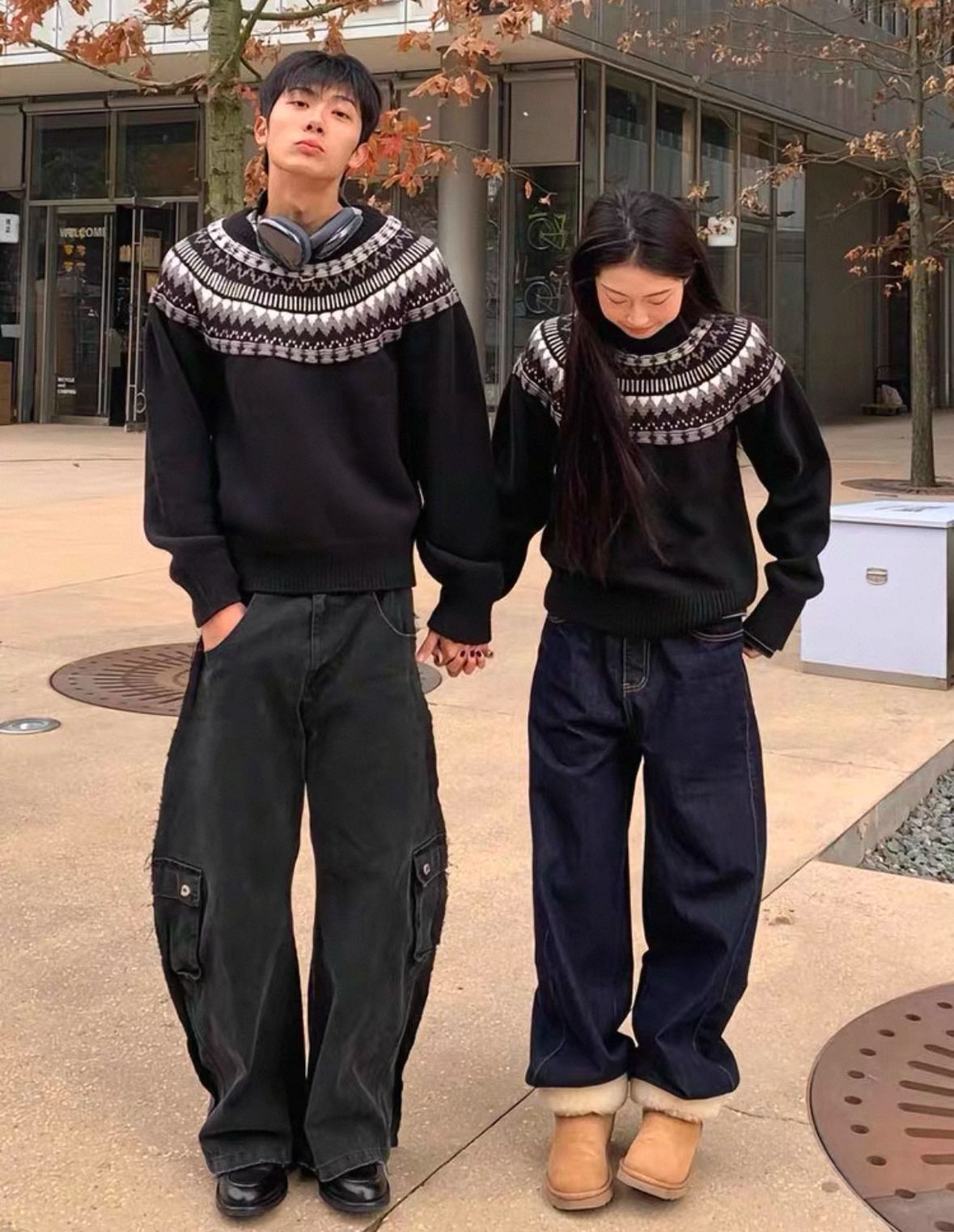 Jacquard knitted sweater, crewneck sweatshirt, couple