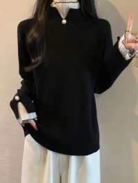 Sense of luxury black semi-turtleneck knit sweater womens spring dress plus size fat mm base shirt fake two french top