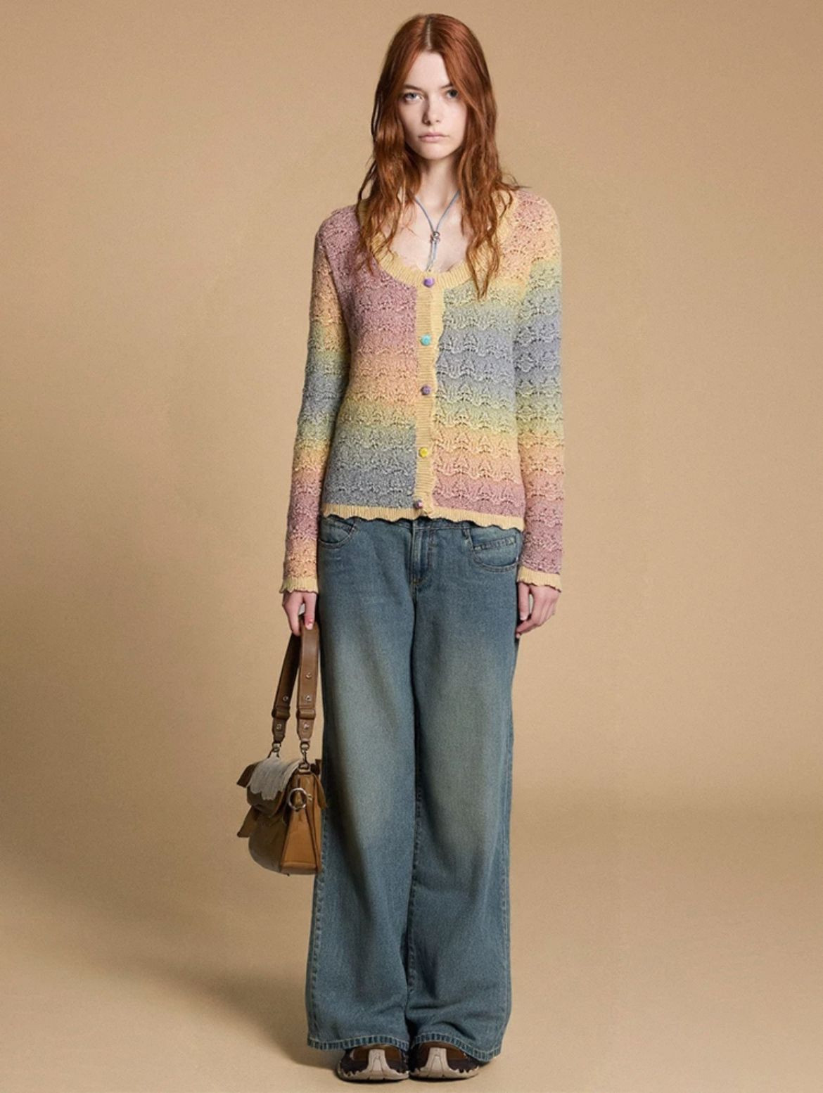 Heart Button Gradient Knitted Cardigan Womens Spring 2025 New Fashion Sweet Slim Slim Slim V-Neck Sweater
