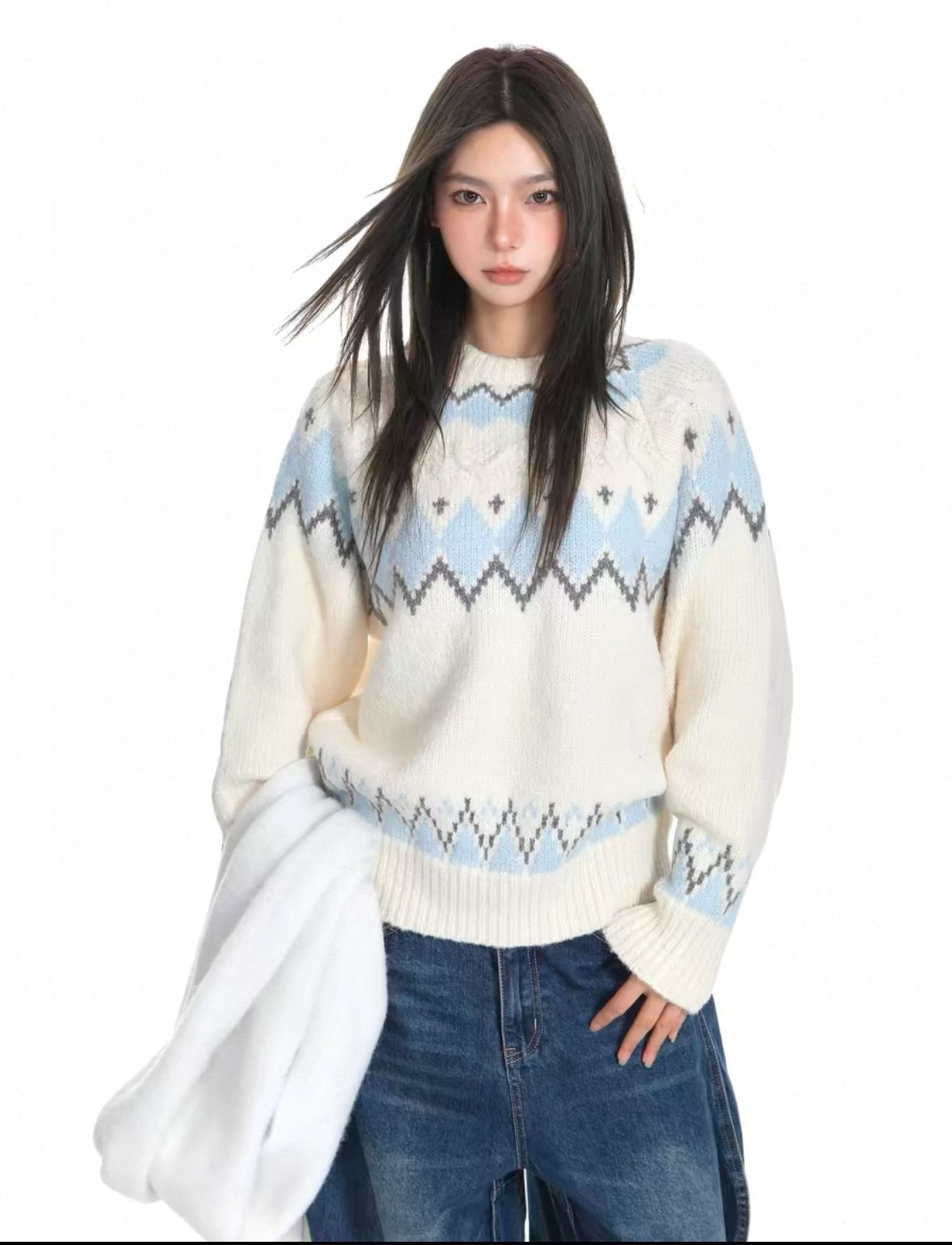White retro pullover sweater womens autumn and winter lazy soft glutinous oversize knit thicker top