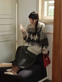 Retro quilted sweater, cardigan, womens autumn and winter lazy style, loose and thin knitted jacket