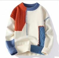 Color-blocked crewneck sweater, mens autumn and winter, loose trendy brand warm knitwear, youth lazy casual base layer