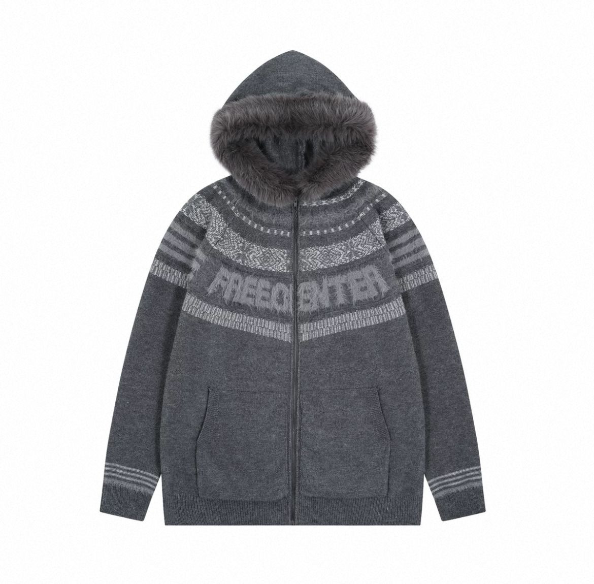 New Years limited sweaters mens and womens fur collar hooded retro knitted cardigan jackets