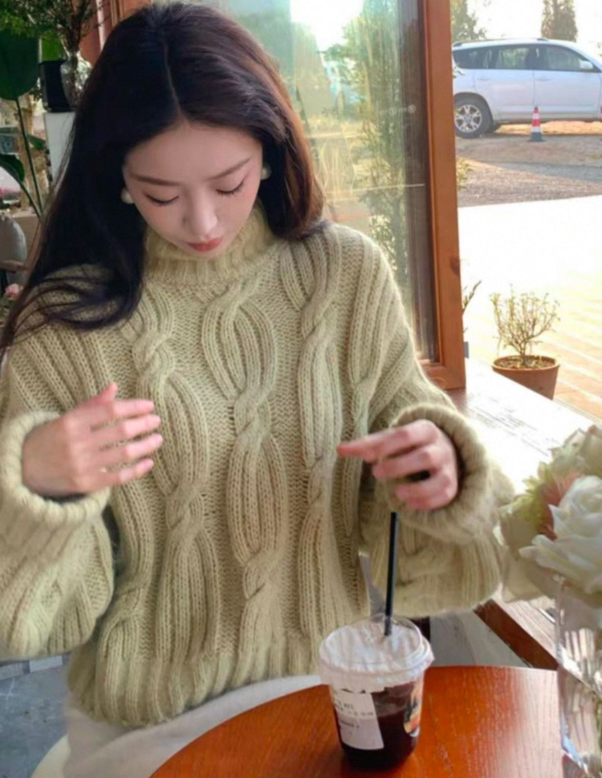 Lazy style high neck thickened cable knit sweater womens new winter design sense loose thin warm short top