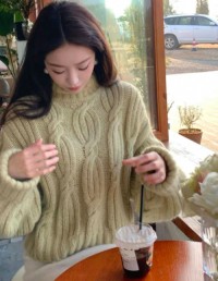 Lazy style high neck thickened cable knit sweater womens new winter design sense loose thin warm short top