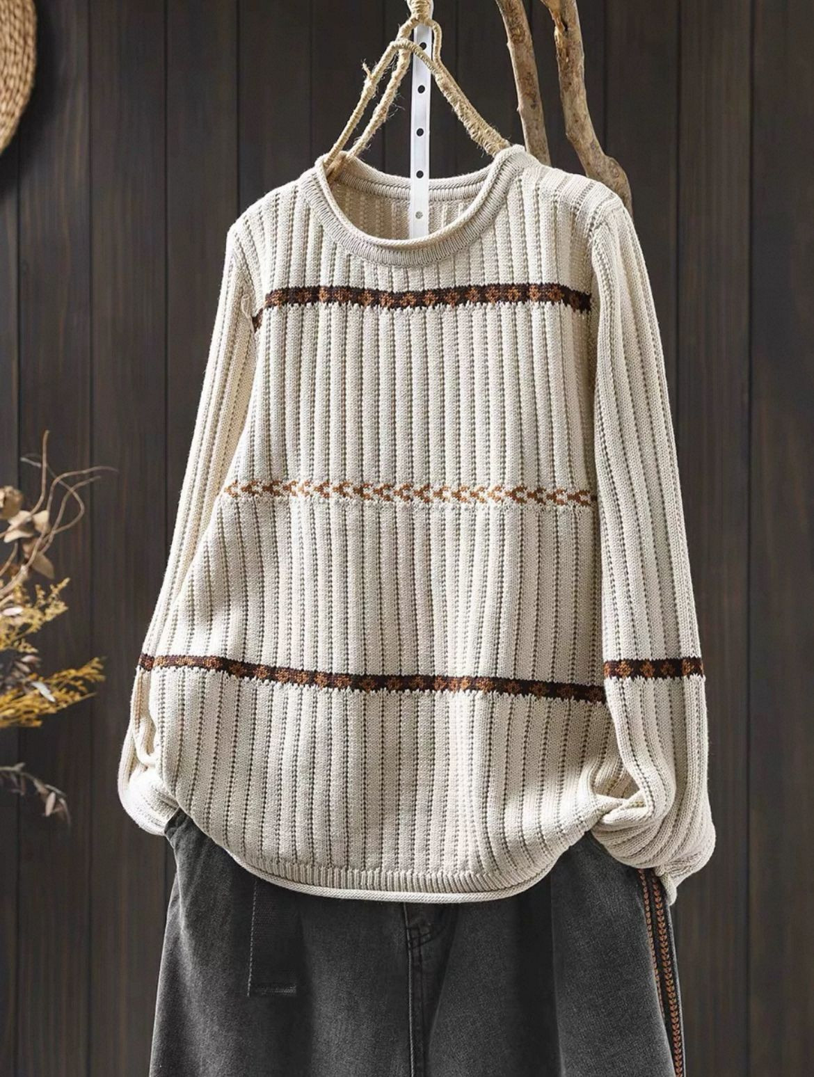 Spring and autumn new fashion versatile retro loose crew neck yarn-dyed knitted pullover women