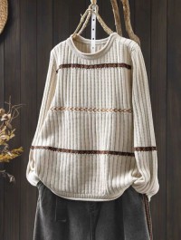 Spring and autumn new fashion versatile retro loose crew neck yarn-dyed knitted pullover women