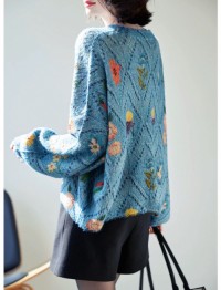 Printing and dyeing three-dimensional flowers, plus-size womens spring, autumn and winter, new long-sleeved round neck