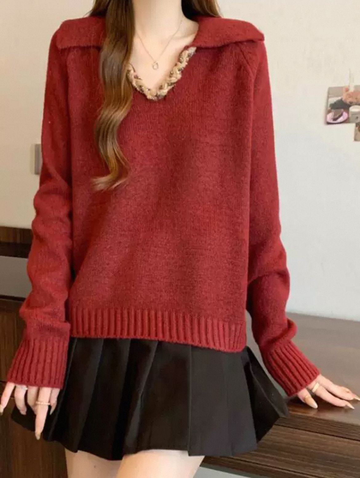 High-end light luxury red lapel sweater womens 2025 spring new plus size fat mm raglan sleeve shoulder knit