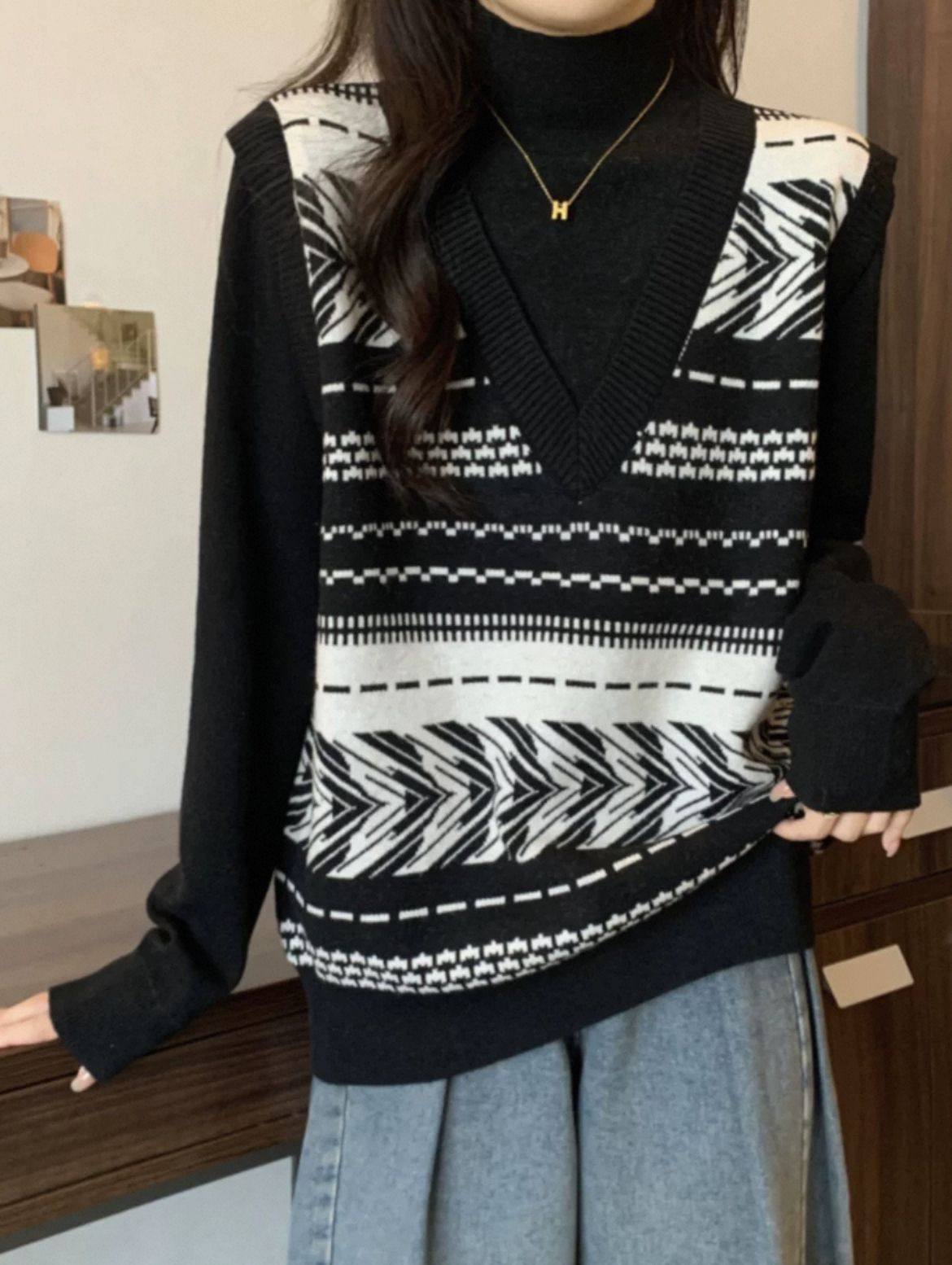 Turtleneck sweater, womens spring and autumn plus-size fake two-piece knitwear, fat mm, soft and glutinous, thin and t