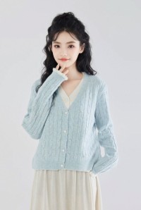 Blue fake two-piece V-neck knitted cardigan womens 2025 spring and autumn new design sense twist sweater jacket short