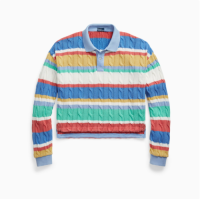 Classic striped cable-knotted cotton polo shirt, womens knitted sweater