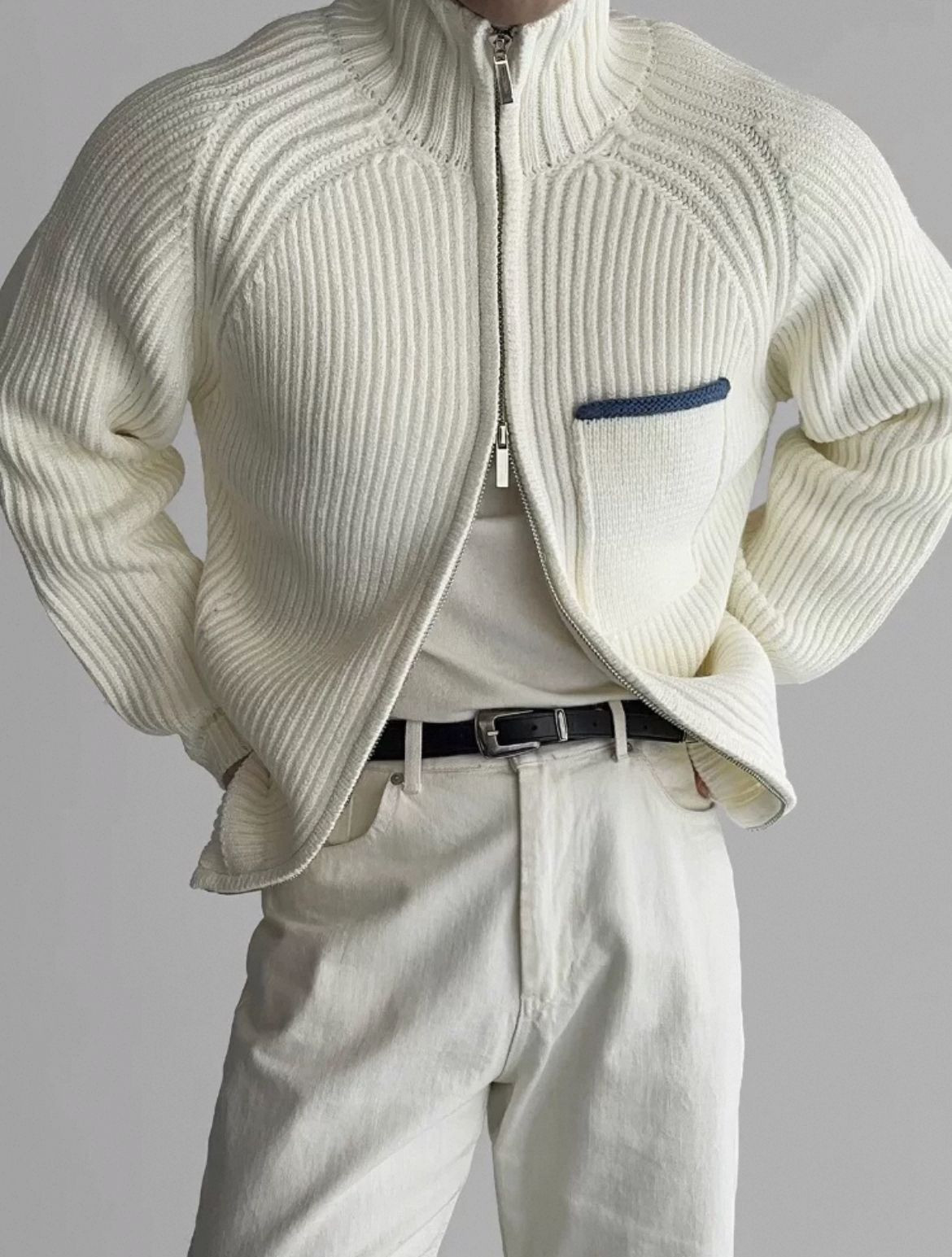Double zipper stand-up collar knitted cardigan mens spring Korean style fashion fashion simple warm light familiar sty
