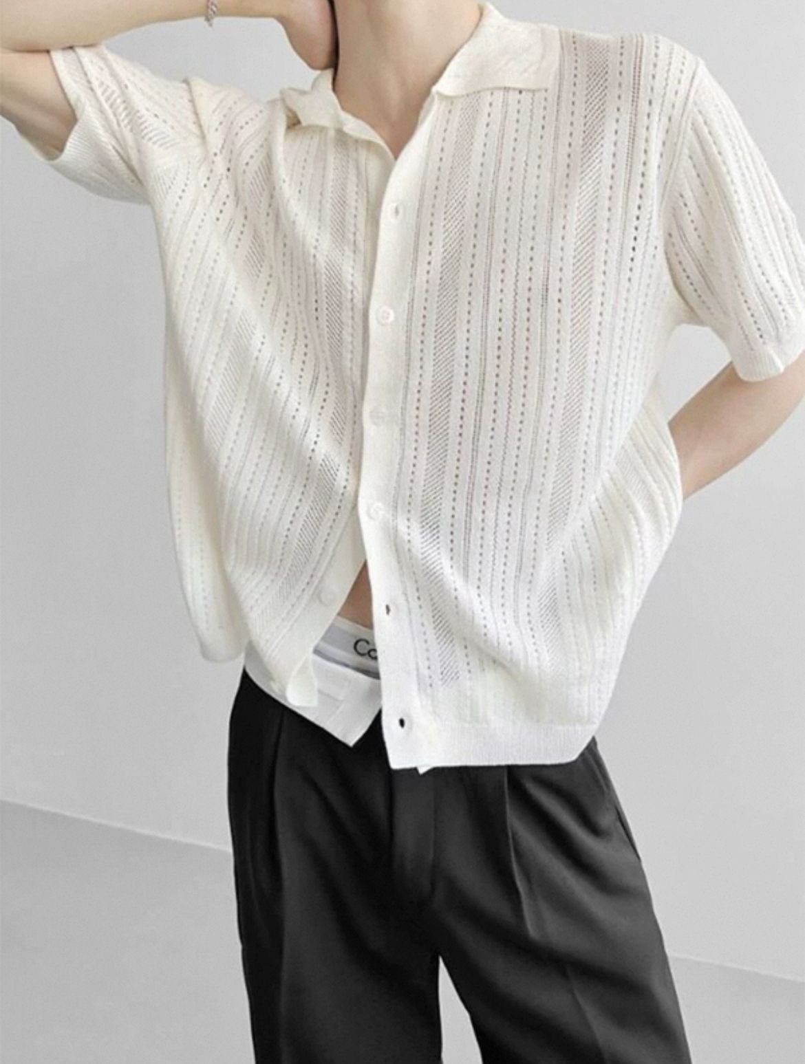 American retro cut-out square neck short-sleeved knit sweater chic loose slouchy lace shirt