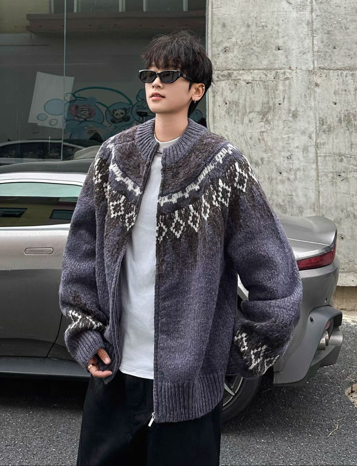 American street zip-up cardigan sweater mens autumn and winter fashion brand retro lazy loose knit jacket